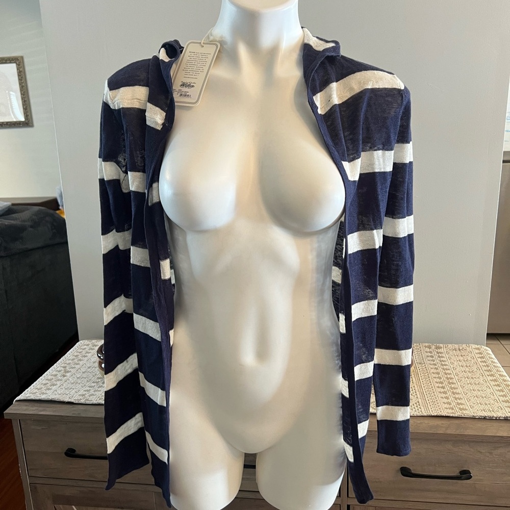 NWT Hiho 100% Linen Blue and white striped hooded open front cardigan